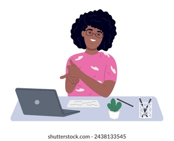 Person with Down syndrome sits at a desk uses a laptop. A woman with Down syndrome works with a laptop in the office. Social integration concept.