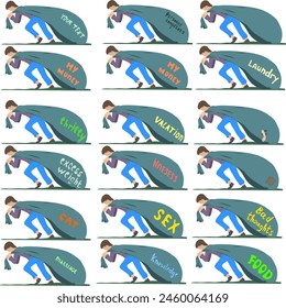 Una persona está arrastrando un Grande bolso enorme con dinero o lavandería u otras cosas con esfuerzo. La Ilustración vectorial es una bolsa llena de comida o es un bagaje de conocimiento. Diferentes inscripciones para todos