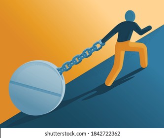 a person dragging a large pill on a chain up a hill - concept for prescription drug addiction