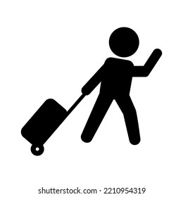 Person dragging luggage icon on white background.