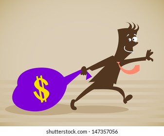 The person drags a bag of money. Vector illustration isolated on a background