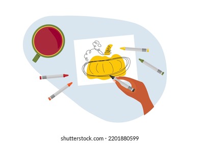 Person Drawing Pumpkin Sketch. Vegetable On Picture. Human Hand Holding Pencil And Drawing. Creative Person Table With Tea Cup. Colored Flat Vector Illustration Isolated On White Background