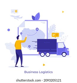 Person Drawing Route On Map And Truck. Concept Of Business Logistics Service, Cargo Shipment, Transportation Or Delivery To Destination Point. Modern Flat Vector Illustration For Banner, Poster.