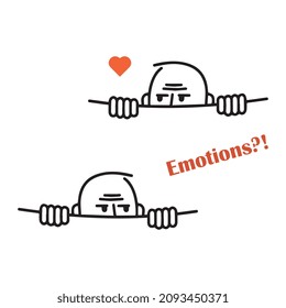 A person drawn in a vector looks out from under the fence. People's emotions. The finished image on a white background.
