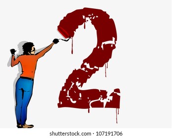 person draws on the wall of the number two