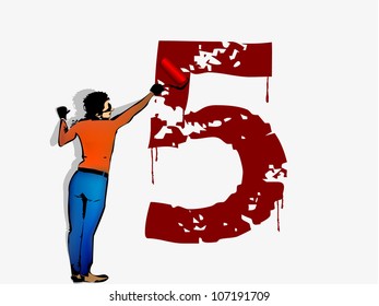 person draws on the wall of the number five