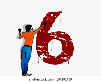 person draws on the wall of the number six