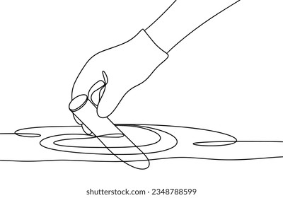 A person draws a water sample into a test tube from an open reservoir. Drinking water quality control. World Water Monitoring Day. One line drawing for different uses. Vector illustration.