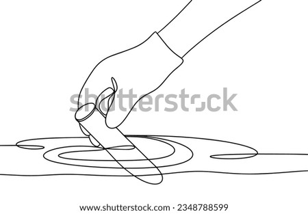 A person draws a water sample into a test tube from an open reservoir. Drinking water quality control. World Water Monitoring Day. One line drawing for different uses. Vector illustration.