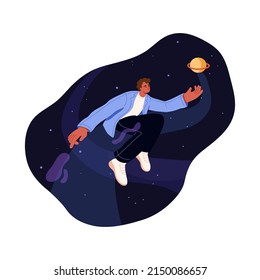 Person dreaming, flying in cosmos, exploring space, planets. Man explorer floating in universe, galaxy, traveling, studying. Astronomy concept. Flat vector illustration isolated on white background