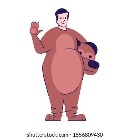 Person dressed in bear costume flat vector illustration. Man dressing like animal. Guy in Halloween party outfit cartoon character with outline elements isolated on white background