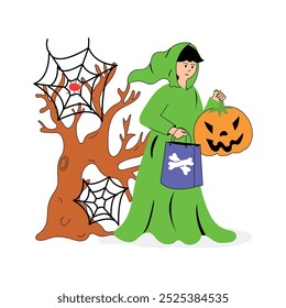 A person dressed in green with a pumpkin bag and spooky tree