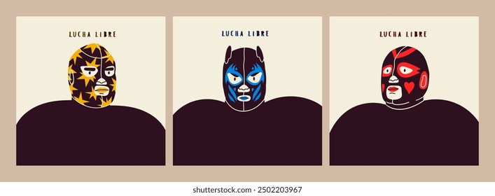 Person dressed in Lucha libre mask. Luchador head. Set of three isolated cards. Traditional Mexican wrestling mask. Luchadore Hero concept. Hand drawn modern Vector illustration. Cartoon style