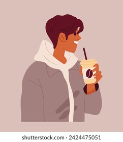 La persona toma el concepto de café. Hombre con bebida caliente en taza. Aroma y bebida. Cappuccino y Americano. Plantilla y diseño. Dibujo vectorial plano de dibujos animados aislado en fondo marrón