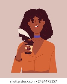 Person drink coffee concept. Woman with hot drink in mug. Aroma and beverage. Cappuccino and Americano. Morning refreshment. Cartoon flat vector illustration isolated on brown background
