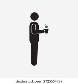 Ícone de pessoa bebendo café. Homem segurando uma silhueta vetor de copo quente vapor.