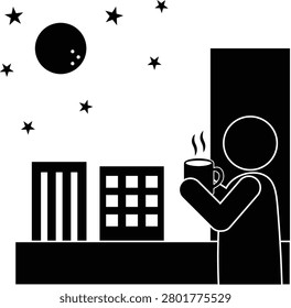 Person Drinking Hot Beverage by Window Watching Full Moon and City at Night, Autumn Moon Viewing Silhouette