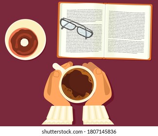 Person is drinking hot coffee and reading book top view. Coffee break, breakfast with book. Flat Art Vector Illustration