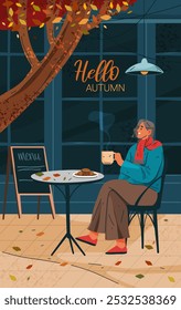 Person trinkt Kaffee oder Tee im Freien, Herbststimmung. Vektorbanner, vertikaler Flyer. Freie Zeit Entspannung, allein ruhen. Das Äußere des Cafés. Gemütliche Atmosphäre. Saisonpause. Lebensart Glück.