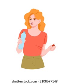 La persona bebe el concepto de agua. Una mujer hermosa sostiene una botella abierta en sus manos y bebe bebidas limpias. Restauración del equilibrio hídrico. Dibujo vectorial plano de dibujos animados aislado en fondo blanco