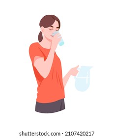 Person drinks water concept. Young woman holds jug of water, pours it into glass and drinks. Female character leads healthy lifestyle. Cartoon flat vector illustration isolated on white background