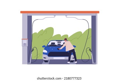 Person driver cleaning auto at car wash. Man wiping, polishing clean automobile with wiper duster at carwash, self-service washer station. Flat vector illustration isolated on white background