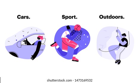 A person driving a car, a boy playing basketball and a man climbing on a rock on bubble background. Outdoor activities. Product categories. Vector illustration