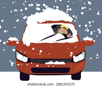 Person Driving A Car In A Winter Storm, With A Windshield Covered In Snow, EPS 8 Vector Illustration