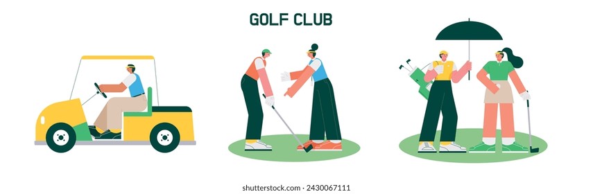 Una persona manejando un carro en un campo de golf. Una persona que enseña golf. Un caddy y un jugador sosteniendo un paraguas y llevando una bolsa de golf. ilustración vectorial plana.