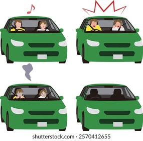 Person driving a passenger car. Surprised driver and woman in passenger seat. Stunned illustration