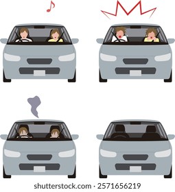 A person driving a passenger car. A surprised driver and a woman in the passenger seat. A stunned illustration