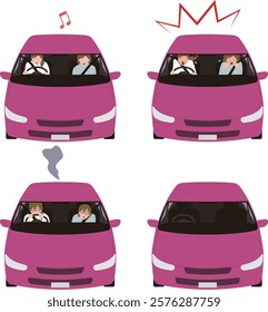 A person driving a passenger car. A surprised driver and a woman in the passenger seat. A stunned illustration