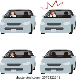 A person driving a passenger car. Surprised driver. Illustration of a stunned driver