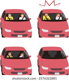 Person driving a passenger car. Surprised driver and woman in the passenger seat. Illustration of a stunned person