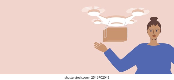 Persona con robot drone para entrega, ilustración de stock de Vector plano o Plantilla de espacio de copia