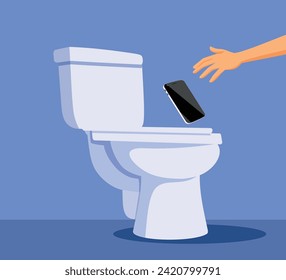 
Person Dropping her Phone in the Toilet Bowl Vector Cartoon Illustration. Unlucky mobile user taking out his device from toilet water 
