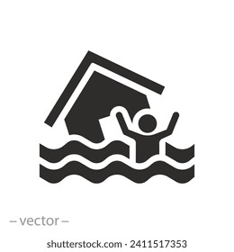 person drowns and calls for help icon, flood, house in water waves, flat symbol on white background - vector illustration