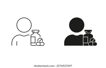 Person with Drug Medication Symbol. Pharmacy Pills Line and Silhouette Icon Set. Medicine Treatment Pictogram. Editable Stroke. Isolated Vector Illustration.