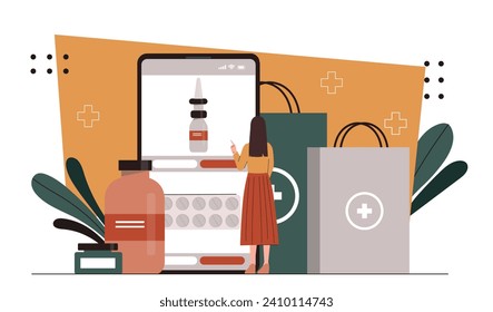 Person with drugstore concept. Woman with medicines and smartphone. Pharmacist with pills and tablets, blister. Online shopping and electronic commerce. Cartoon flat vector illustration