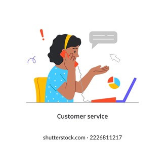 Person during work calls. Customer and User support service. Young woman hotline operator with headset solves problems of user and customers by phone. Cartoon flat vector illustration in doodle style