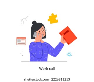 Persona durante las llamadas de trabajo. Una joven empresaria sostiene un smartphone y se comunica con sus parejas. Conversación comercial con empleados. Ilustración vectorial plana moderna en estilo doodle