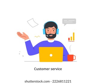 Person during work calls. Young bearded male call center operator answers users questions and solves problems. Online consultation in support service. Cartoon flat vector illustration in doodle style