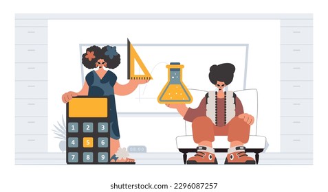 Person and eager lady school understudies, analyzing to start with school subjects. Trendy style, Vector Illustration