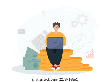 Person earning money in internet, online money transfer, payments, money savings, freelance work concept, flat vector illustration