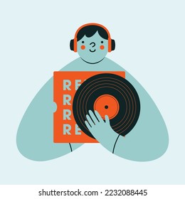 Person in earphones holding vinyl record. Love for retro music, rock'n'roll concept. Cartoon abstract character. Vector isolated illustration with man, boy in modern flat style.