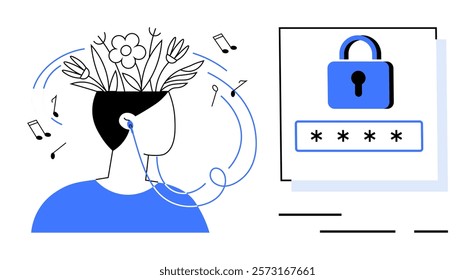 Person with earphones, plants, flowers, and musical notes, paired with a lock and password screen. Ideal for mental well-being, digital security, mindfulness, music therapy, and online privacy