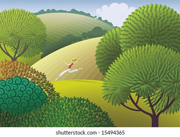 A person easy running outdoor. Green nature - healthy life.