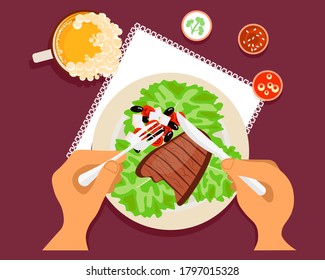 Person is eating bbq meat steak with salad and drinking beer top view. Menu for lunch or dinner. Flat Art Vector Illustration