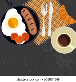 Person is eating breakfast with croissant, fried eggs with grilled sausage and cup of coffe with copy space on dark background. Top view Vector illustration eps 10