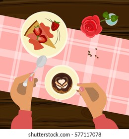 Person is eating cake with love coffee top view. Valentine's day menu. Vector illustration eps 10